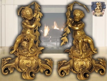 Pair Of 19th C. Gilt Bronze French Figural Fireplace Chenets