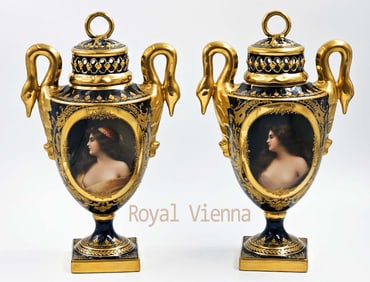 19th Pair Of Hand Painted Royal Vienna Vases/urns