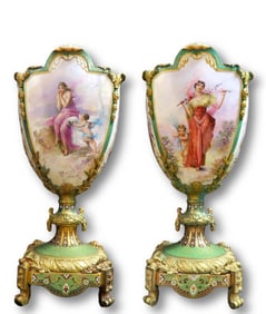 Pair of 19th C. Sevres Bronze & Champleve Enamel Vases