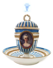 18TH CENTURY SEVRES, COVERED CUP AND SAUCER