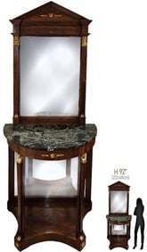 19th C. French Empire Style Bronze, Marble Top Console Mirror