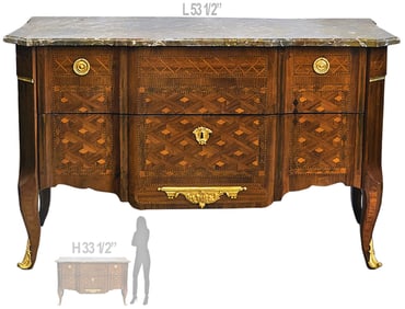 19th C. French Louis XVI Bronze Mounted Marquetry & Parquetry Commode
