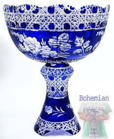 Antique Large Bohemian Cobalt Blue Cut Crystal Large Footed Centerpiece