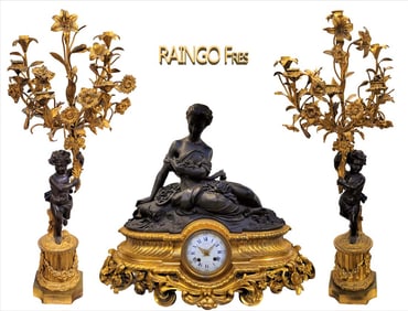 19th C. Large Patina Figural Bronze Clockset Signed By Raingo Fres