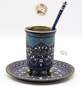 19th C. Russian Cloisonne Enamel & Silver 84 Coffee Cup Saucer Spoon Set
