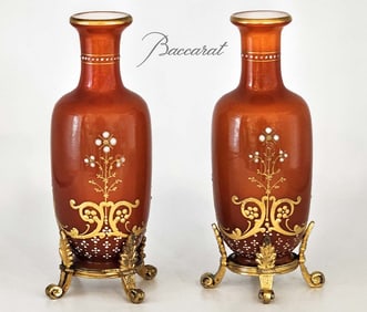 Pair of 19th C. Baccarat French Opaline With Enamel Bronze Mounted