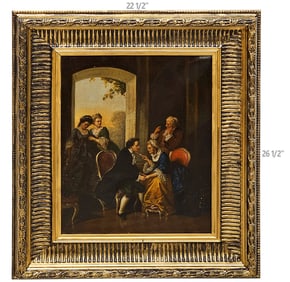 19th C. Oil On Canvas Couple Discussion Group Painting