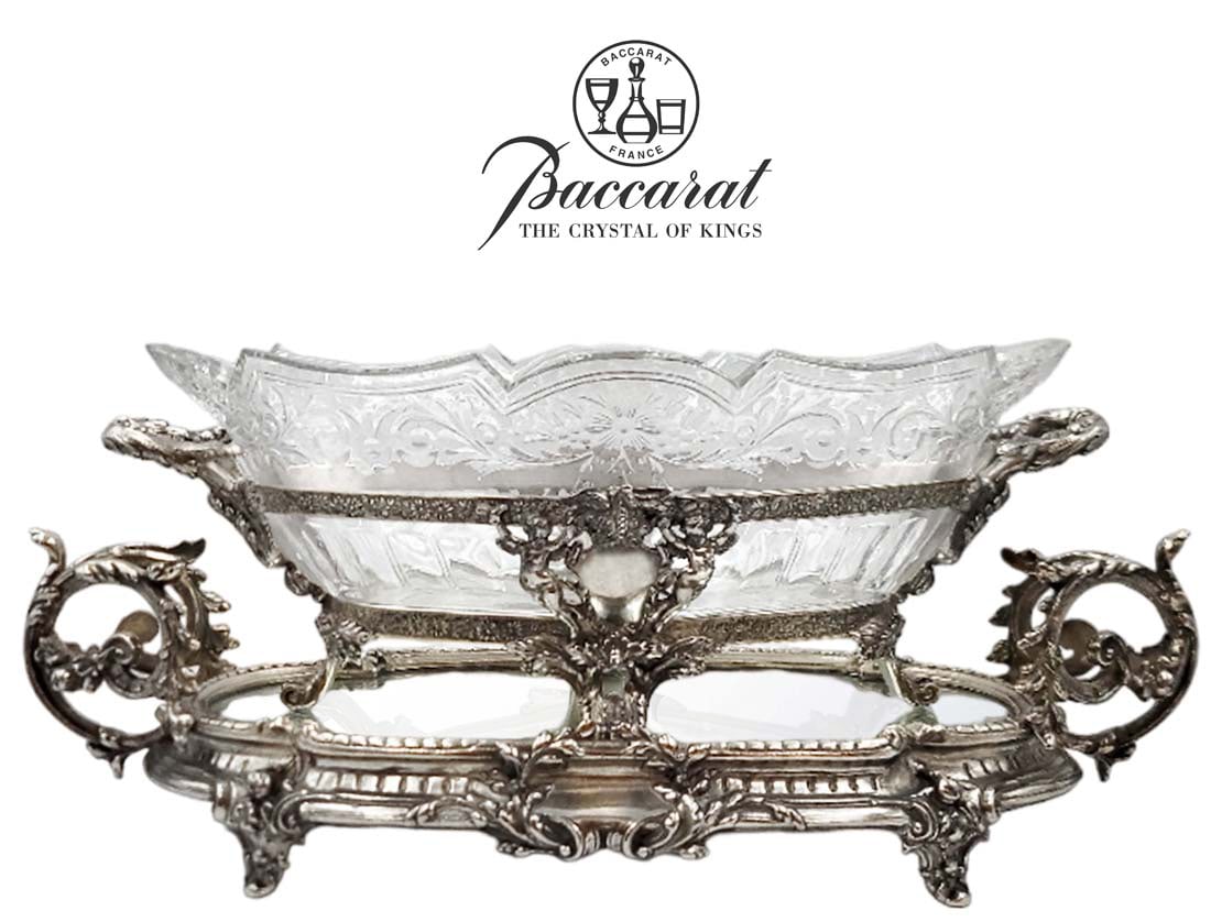 Large 19th C. French Silver Plated Centerpiece On Plateau with Baccarat Crystal: Large 19th C. French Silver Plated Centerpiece On Plateau with Baccarat Crystal. Both together: H 8 1/2" \ Centerpiece: H 6 1/2" x W 8 1/2" x L 17" \ Plateau: H 5 1/2" x W 9 1/2 x L 19"