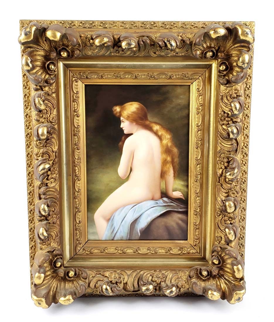 Magnificent 19th C. KPM Plaque of Nude Woman: Magnificent 19th C. KPM Plaque of Nude Woman. Signed on the lower right indistinctly under glaze. Fully marked and numbered on the back by KPM. The frame measures 14 3/4" x 11 3/4" and the plaque meas