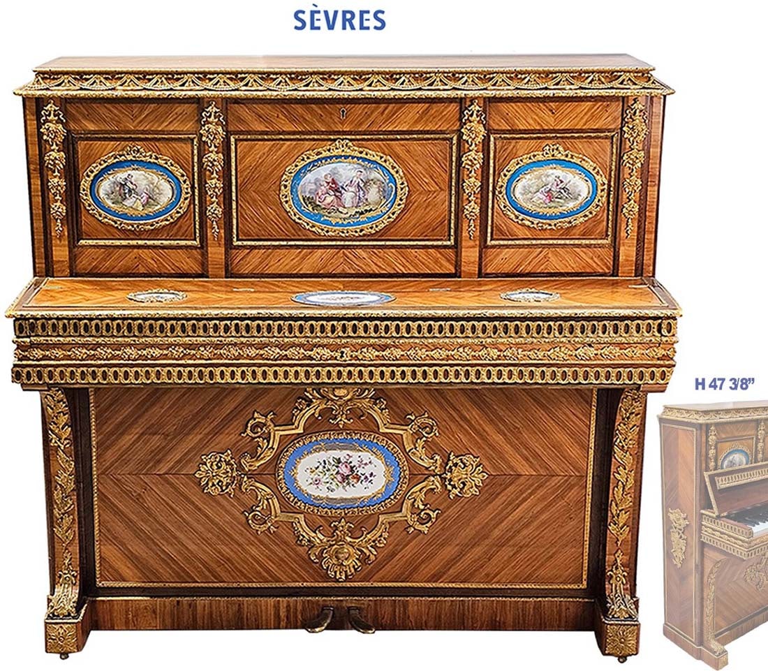 19th C. French Sevres Plaques & Bronze Mounted Upright Piano By Henri Herz: 19th C. French Sevres Plaques & Bronze Mounted Upright Piano By Henri Herz. H 47 3/8" x W 21" x L 50 1/16"