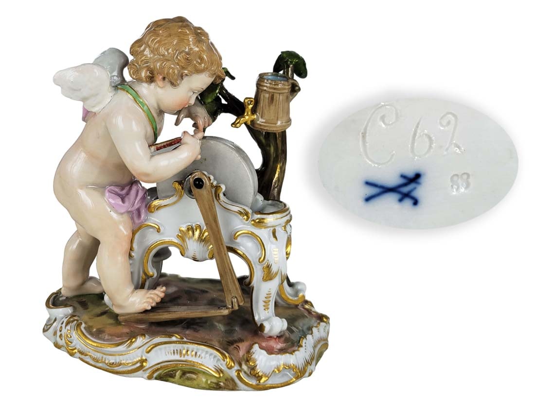 19th C. Meissen Porcelain Figure Angel Sharpening Arrow With Stone Wheel: 19th C. Meissen Porcelain Figure Angel Sharpening Arrow With Stone Wheel. H 4 1/2" x W 2 7/8" x L 4"