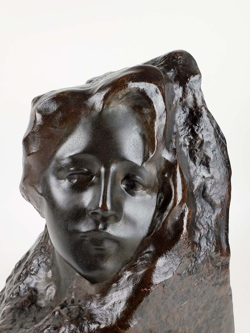 19th C. Bronze Statue "Face on Stone" Signed - 2