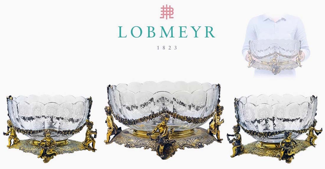19th C. German 800 Figural Silver With Lobmeyr Crystal Three Piece Centerpiece Set: 19th C. German 800 Figural Silver With Lobmeyr Crystal Three Piece Centerpiece Set. Large center piece in the middle: H 7" x W 11" x L 13 1/4" \ Side pieces: H 6" x W 7 1/2" x L 10"