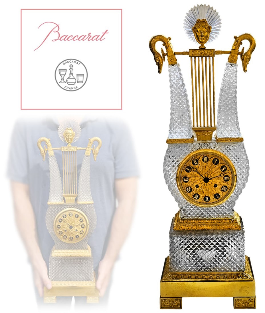 19th C. French Baccarat Crystal Bronze Mounted Clock: 19th C. French Baccarat Crystal Bronze Mounted Clock. H 24" x W 5" x L 8"