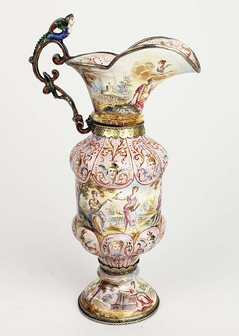 19th C. Viennese Enamel on Silver Vase: 19th C. Viennese Enamel on Silver Vase. Measures H: 5 1/2" W: 3"