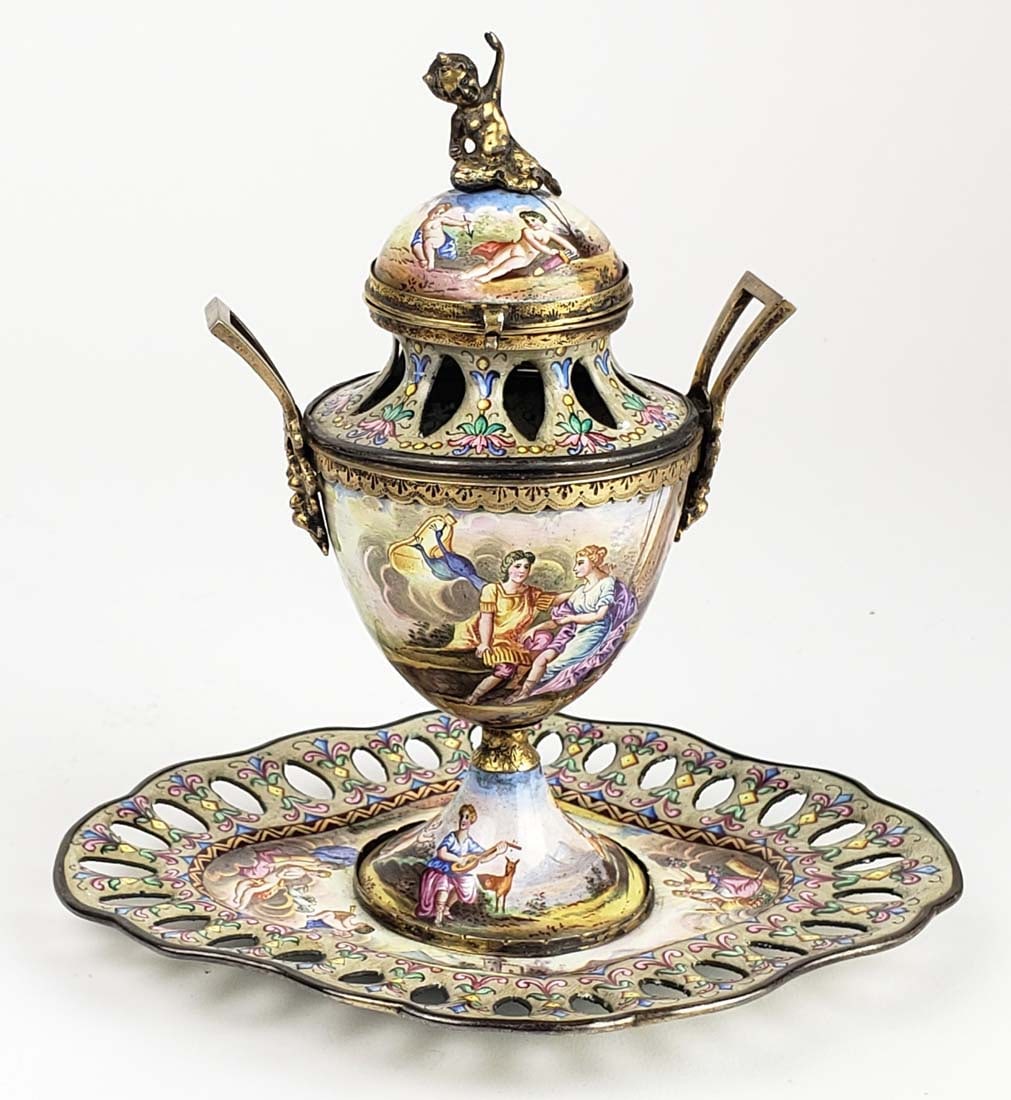 19th C. Viennese Enamel on Silver Centerpiece: 19th C. Viennese Enamel on Silver Centerpiece. Measures H: 6 1/4" W: 6 1/4" W: 5 3/4"