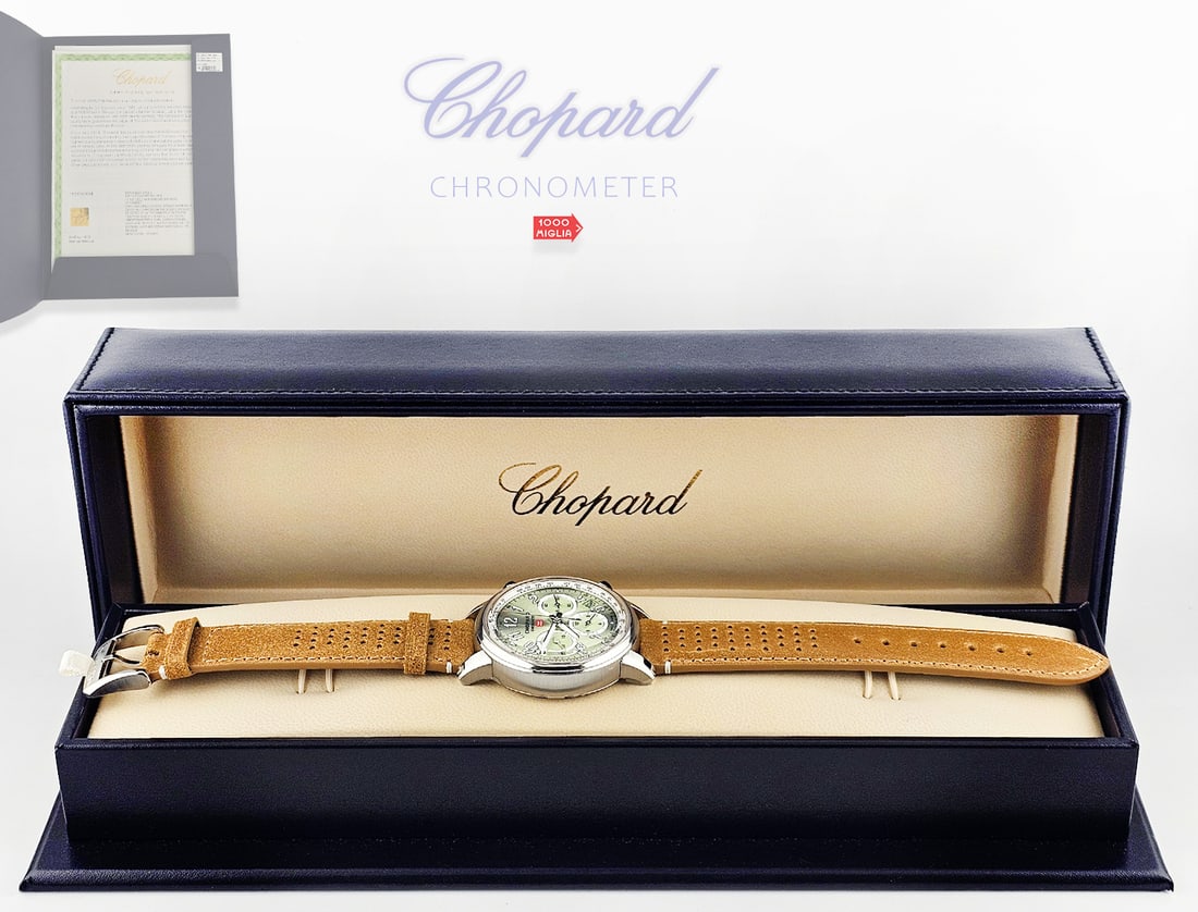 Chopard Mille Miglia Classic Chronograph (40.5mm) Automatic Ref. I686I9: Chopard Mille Miglia Classic Chronograph (40.5mm) Automatic Ref. I686I9, Original Retail Price $10,100. Box: H 2 1/4" x W 3 1/2" x L 10 1/4"
