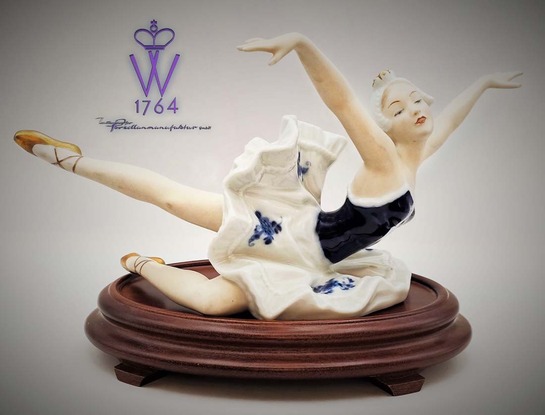Ballerina Dancer, A Vintage Wallendorf Cobalt Porcelain figurine On Wooden Base: Ballerina Dancer, A Vintage German Wallendorf Hand painted Cobalt Porcelain statue On A Separated Wooden Base, Hallmarked. Circa 1960's. Base: H 1.25" x W 5.25" x L 7 25"\ Sculpture: L 10" x W 5" x H