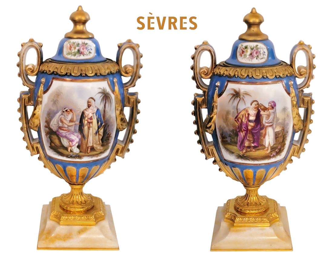 Pair Of 19th C. Orientalist Sevres Vases: Pair Of 19th C. Orientalist Sevres Vases. h 16" x W 8"
