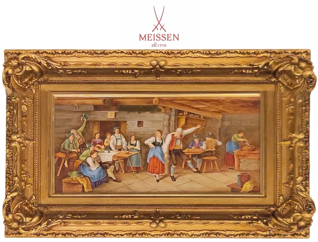 20th C. Meissen Plaque, Hand Painting Of Bar Scene With Gilded Frame: 20th C. Meissen Plaque, Hand Painting Of Bar Scene With Gilded Frame. Frame: W 11 1/4" x L 17 1/4" \ Plaque: 12" x 6"