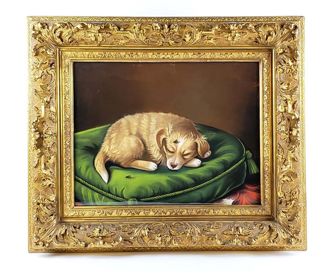 Magnificent 19th C. European Still Life Pastel on paper Painting of a Sleeping Dog Signed: Magnificent 19th C. European Still Life Pastel on paper Painting of a Sleeping Dog Signed. This is a magnificent 19th century European pastel on paper painting of a sleeping dog on a green pillow with