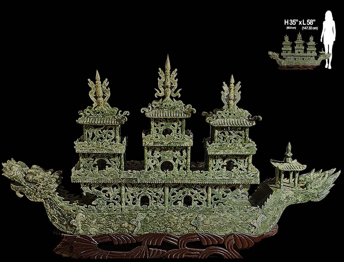 Very Large Chinese Carved Jade Dragon Boat With Carved Wooden Stand (1 of 1)