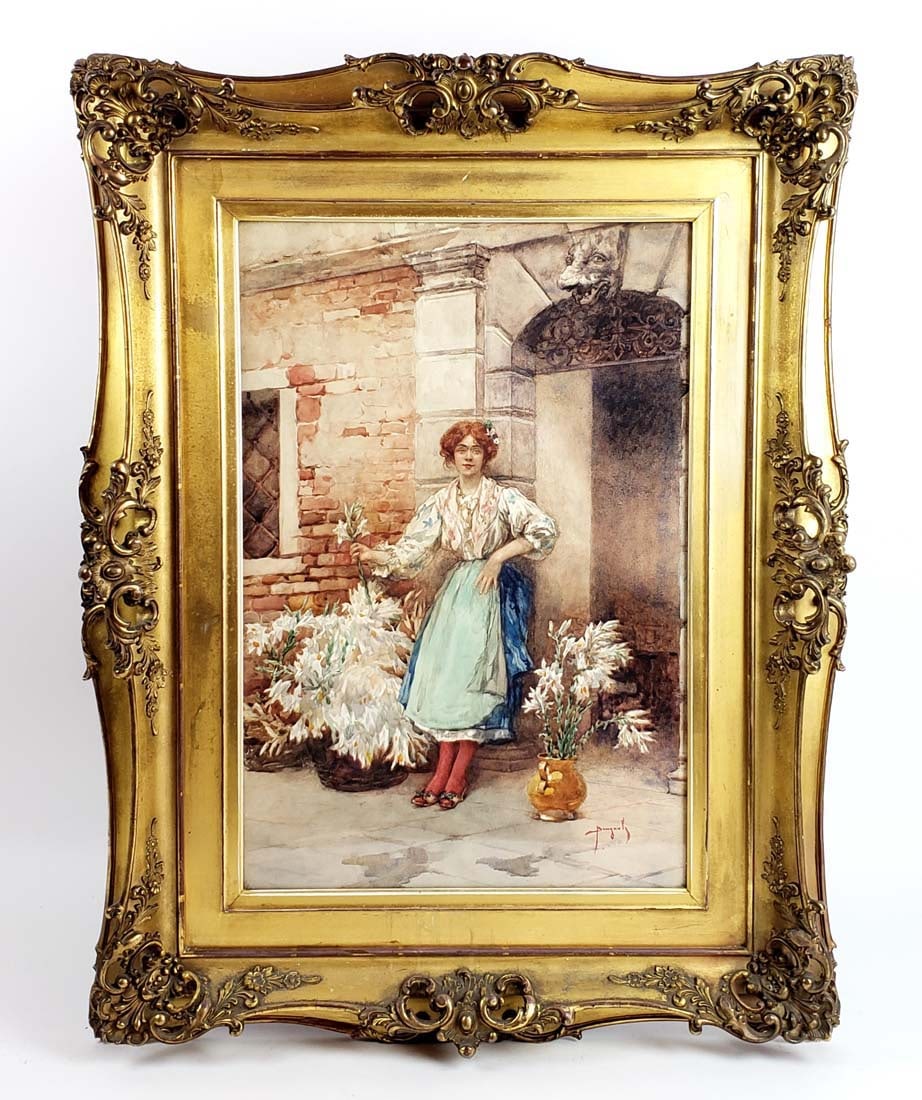 Emmanuale Brugnoli (1859-1944) Italian Watercolor of Woman: Emmanuale Brugnoli (1859-1944) Italian Watercolor of Woman. The frame measures 29 3/4" x 23" and the canvas measures 17 1/2" x 24 1/4"