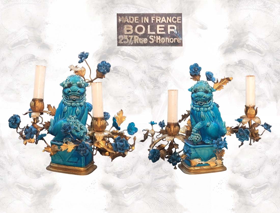 Pair Of 19th C. Large Fu Dog candelabra: Pair Of 19th C. Large Fu Dog candelabra. H 12" x L 14" x W 9"