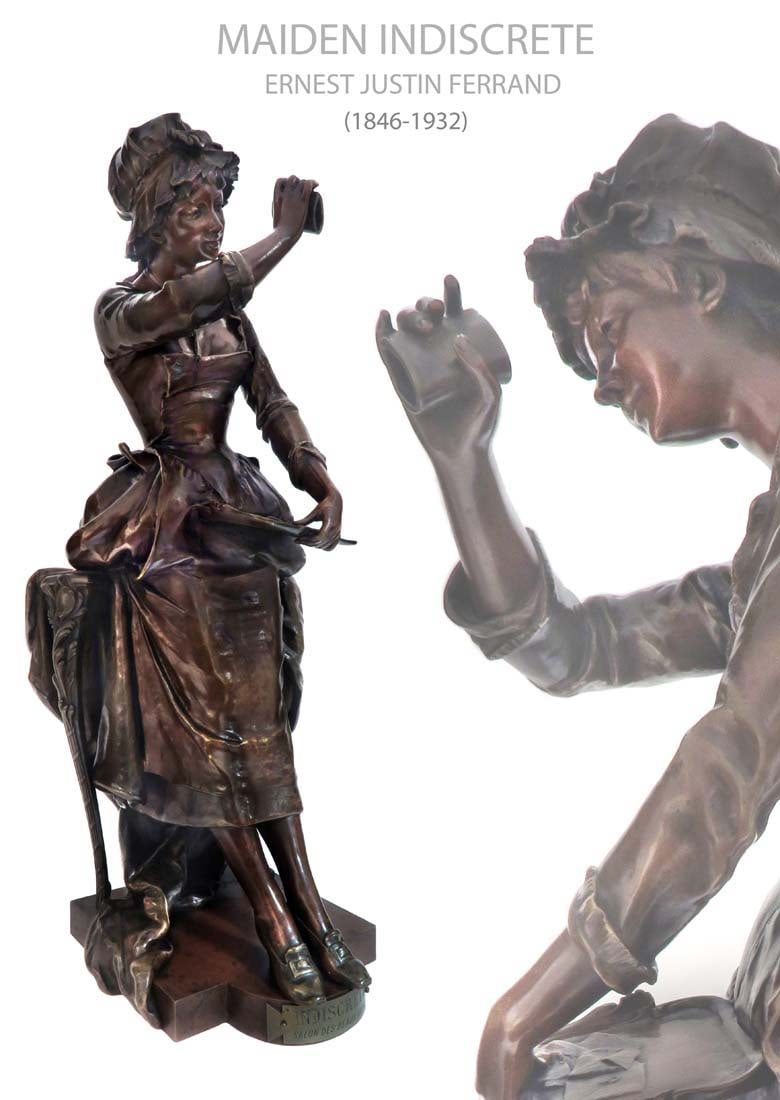19th C. Important Original Bronze Maiden Indiscrete Ernest Justin Ferrand French: 19th C. Important Original Bronze Maiden Indiscrete Ernest Justin Ferrand French. Measures H: 27"