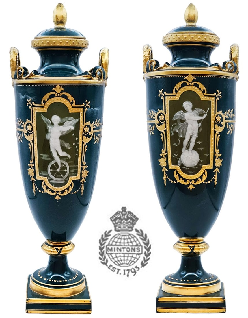 Pair of 19th C. Pate Sur Pate Mintons Porcelain Angel Vases / Urns Signed By Birks (1 of 14)