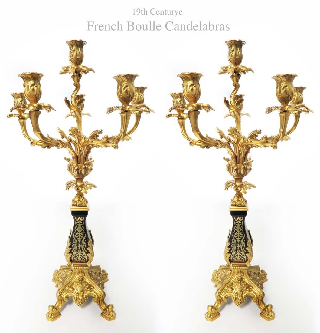 Pair Of French 19th C Bronze Boulle Candelabras: Pair Of French 19th C Bronze Boulle Candelabras. Measures H: 27"