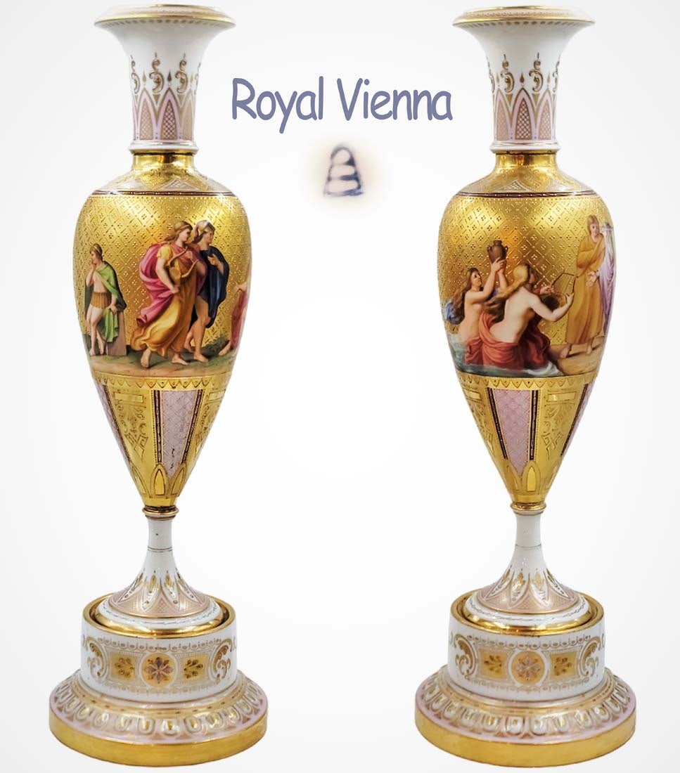 Pair Of 19th C. Royal Vienna Hand Painted Vases \ Urns: Pair Of 19th C. Royal Vienna Hand Painted Vases \ Urns. H 19 1/2" x W 6"