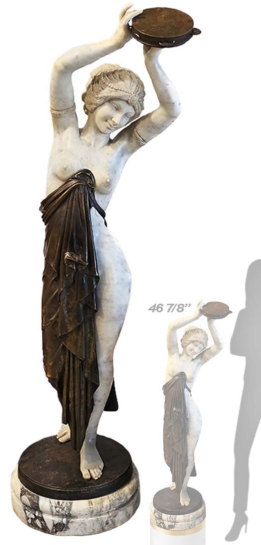 Large 19th C. French Marble And Bronze Sculpture Of Tambourine Playing Woman: Large 19th C. French Marble And Bronze Sculpture Of Tambourine Playing Woman. H 46 7/8" x W 13" x 16"