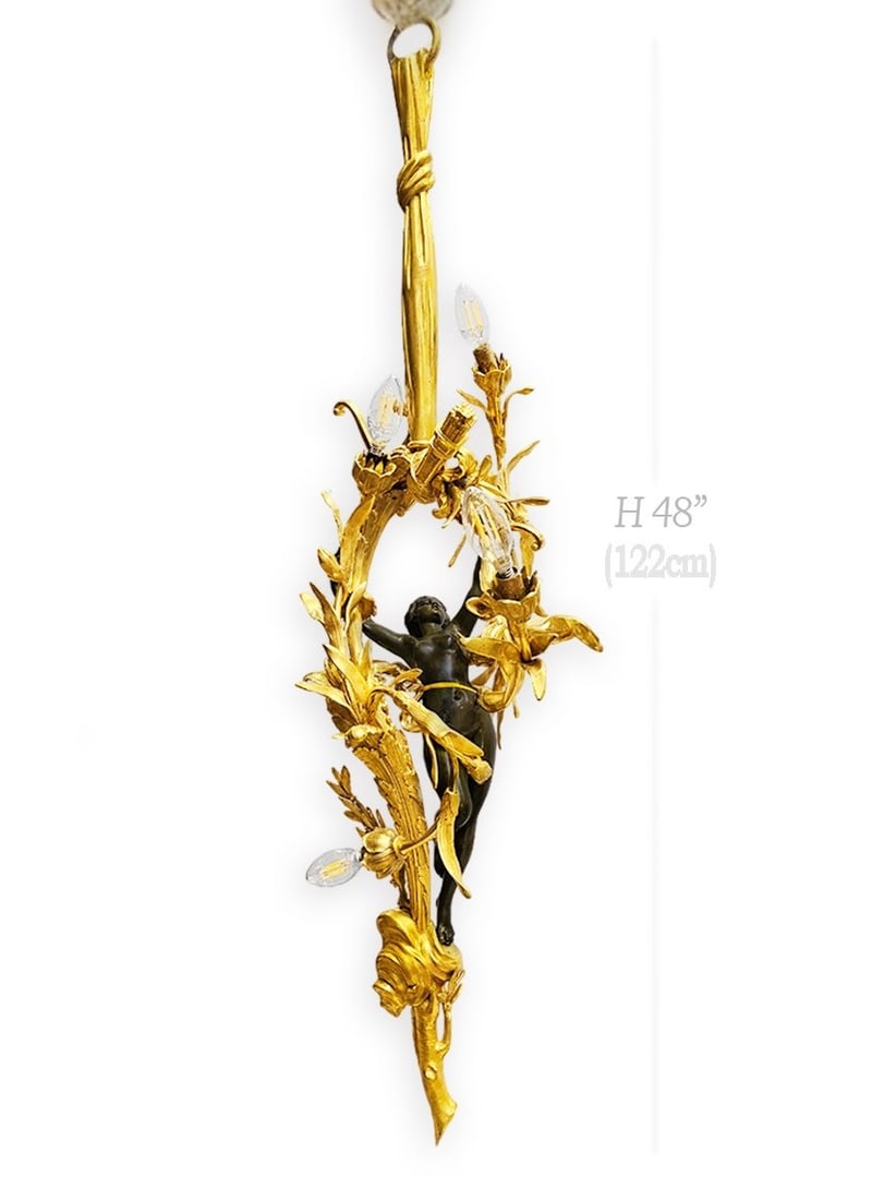 19th C. French Figural Gilt Bronze (6-Lights) Chandelier: 19th C. French Figural Gilt Bronze (6-Lights) Chandelier. H 48" x W 14" x L 17"