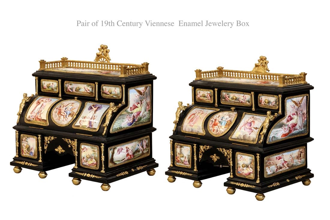 Pair Of 19th C. Viennese Enamel & Bronze Jewelry Box: Pair Of 19th C. Viennese Enamel & Bronze Jewelry Box. H 9" x W 5 7/8" x L 8 7/8"