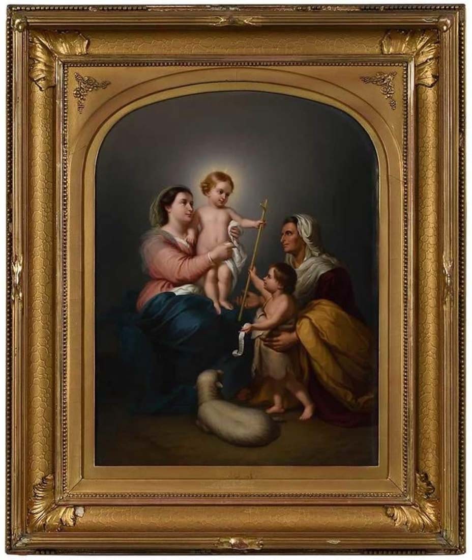 A Large 19th C. KPM / Royal Vienna Porcelain Plaque: A Large 19th C. KPM / Royal Vienna Porcelain Plaque . Continental, finely painted plaque depicting the Virgin and Jesus with St. John the Baptist and Elizabeth,, 20-3/4 x 16-1/2 in.; 19th century gilt