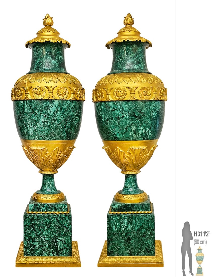 Pair Of Large French Malachite Bronze Mounted Urns (1 of 6)