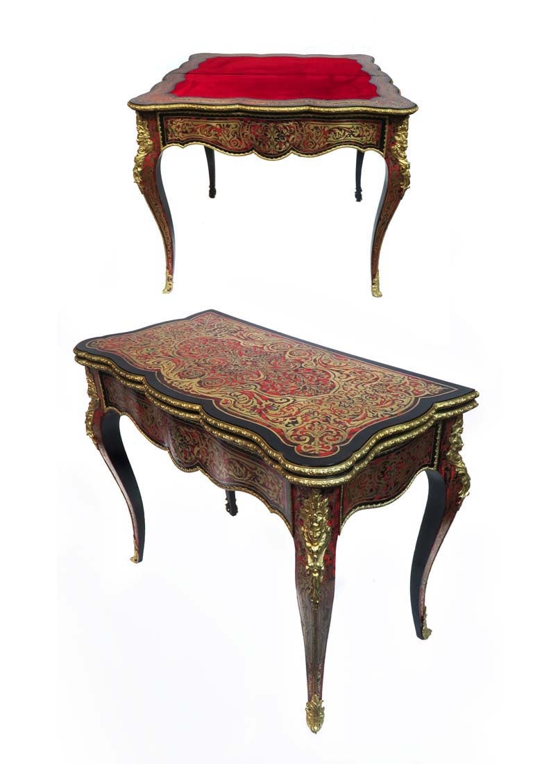 19th C. French Boulle Figural Bronze Mounted Game Table: 19th C. French Boulle Figural Bronze Mounted Game Table. Measures H: 30" x 35" x 18"