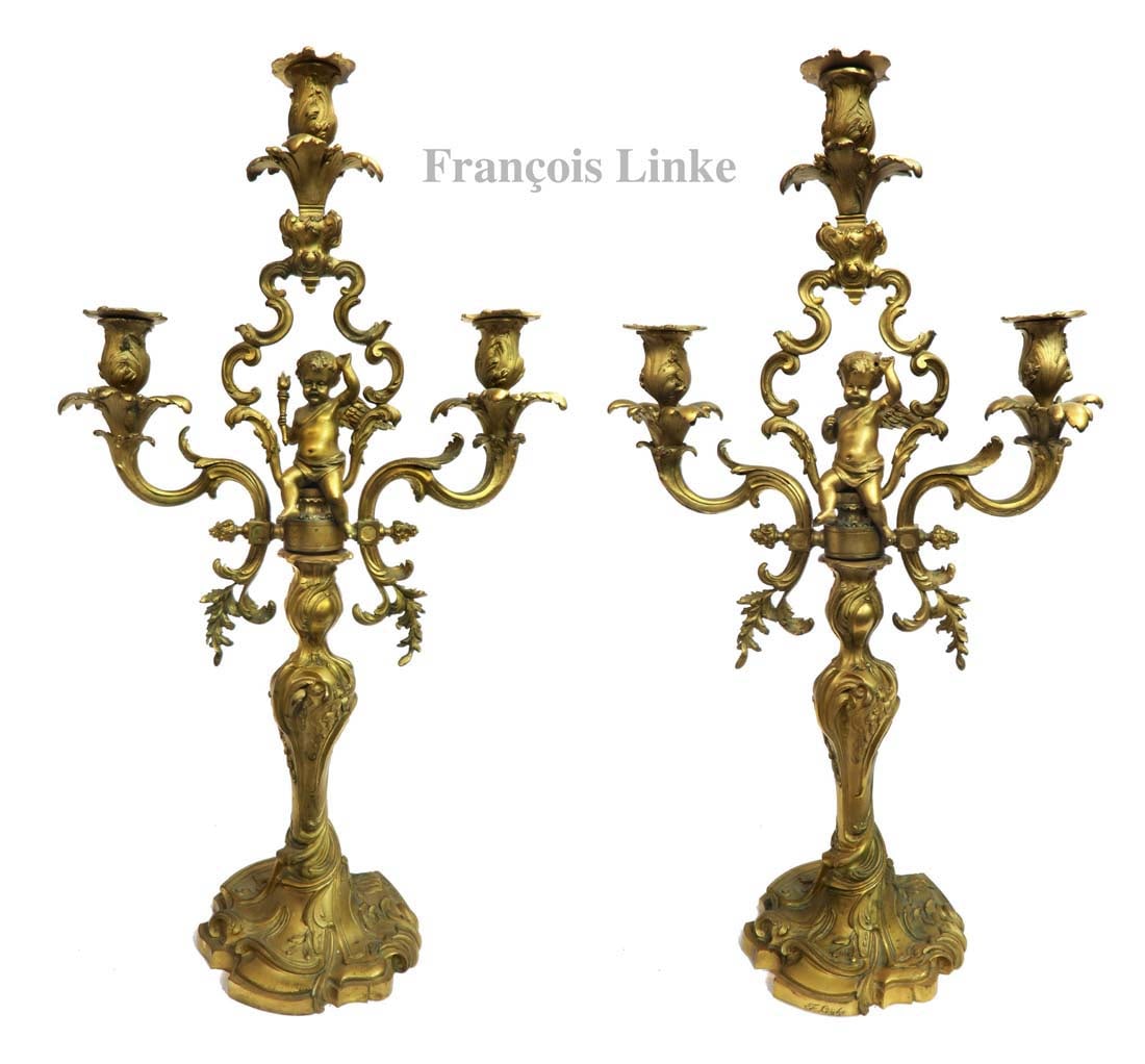 Pair of 19th C. F. Linke Gilt Bronze Figural Candelabras: Pair of 19th C. F. Linke Gilt Bronze Figural Candelabras. They measure H: 26" W: 14", Signed F. Linke