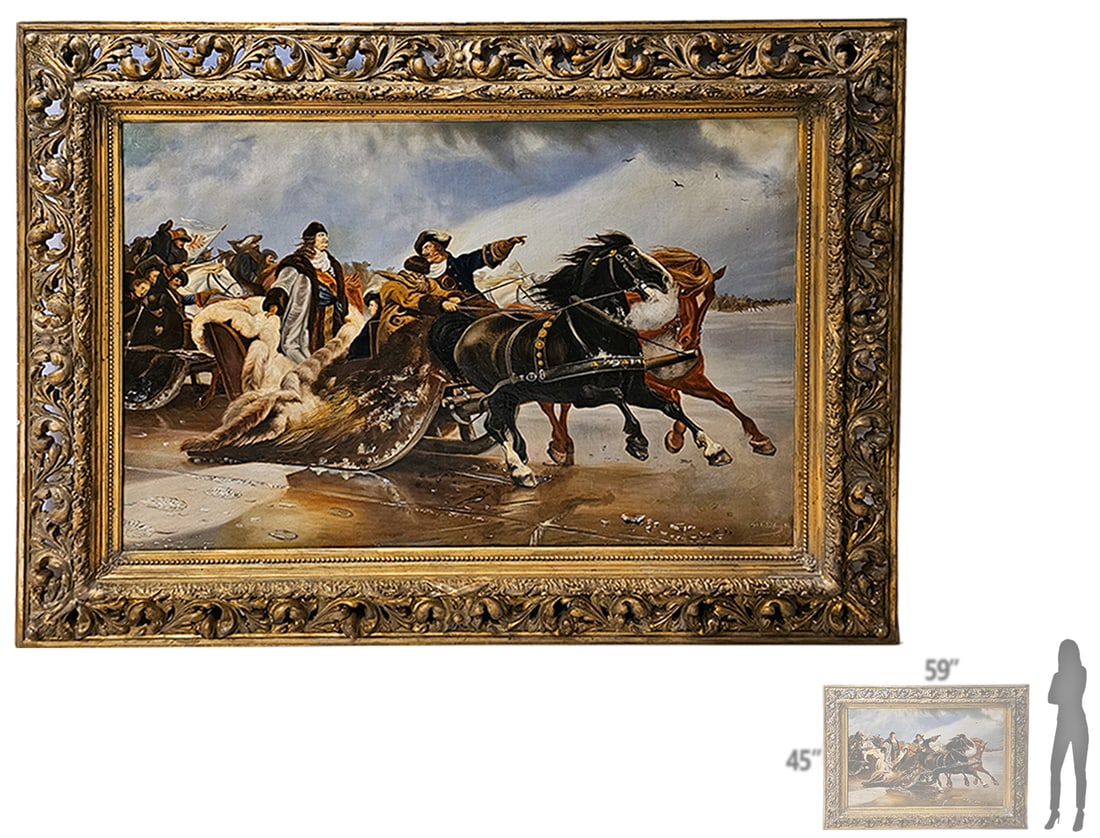 Pair Of Large 19th C. Royal Vienna Vases / Urns: The Crossing Of The Curonian Lagoon Oil On Canvas, Signed. 45" x 59"