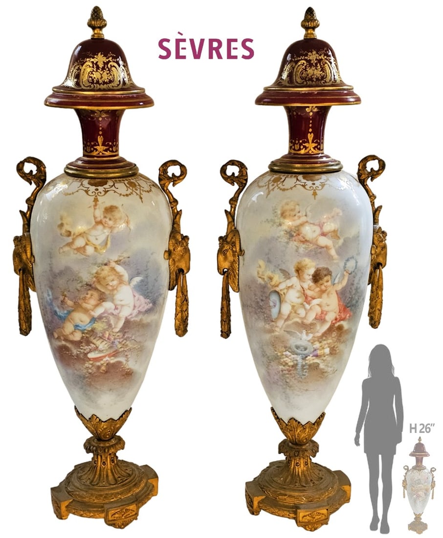 Large Pair Of Large 19th C. French Hand Painted Sevres Urns, Signed By Callot: Large Pair Of Large 19th C. French Hand Painted Sevres Urns, Signed By Callot. H 26" x W 7 x L 9"