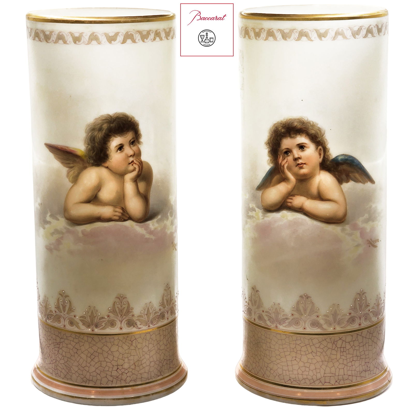 Signed Pair Of 19th C. French Hand Painted Baccarat Opaline Spill Vases: Signed Pair Of 19th C. French Hand Painted Baccarat Opaline Spill Vases. H 12 7/8" x W 5"