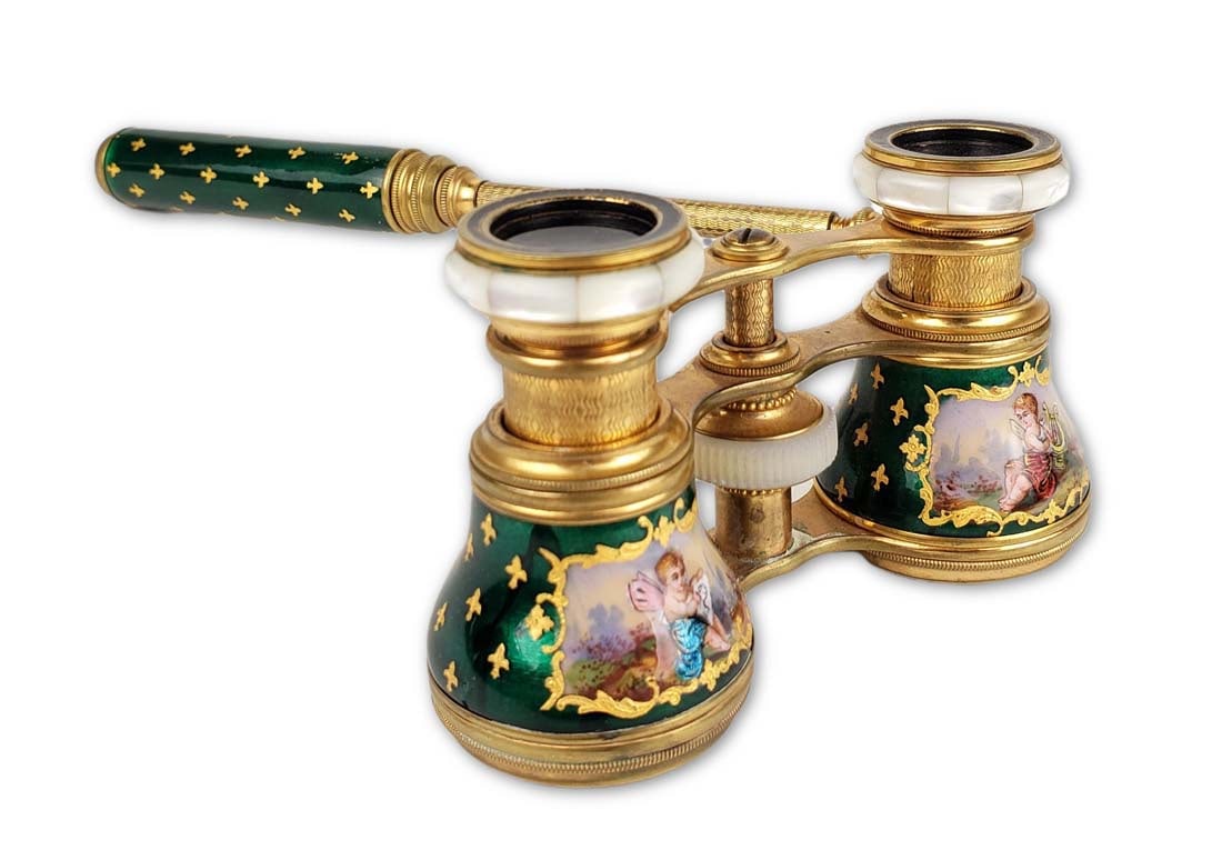 19th C. French Enamel Opera Binocular Glasses: 19th C. French Enamel Opera Binocular Glasses. They measure H: 2 1/4" W: 4 1/4" L: 7 3/4"