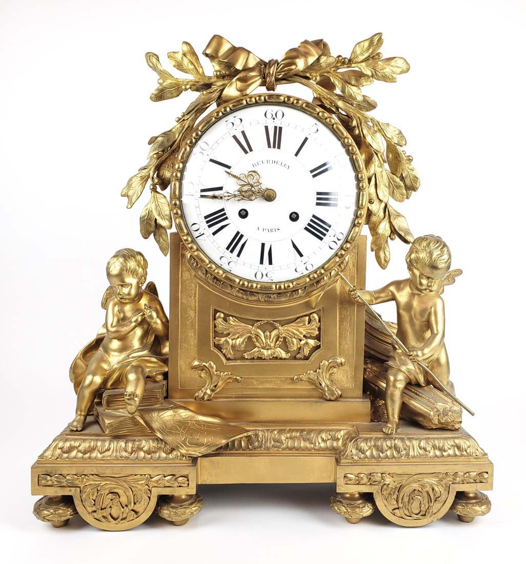 A Large 19th C. Beurdeley French Gilt Bronze Figural Clock: A Large 19th C. Beurdeley French Gilt Bronze Figural Clock. Measures H: 23" W: 20 1/2"