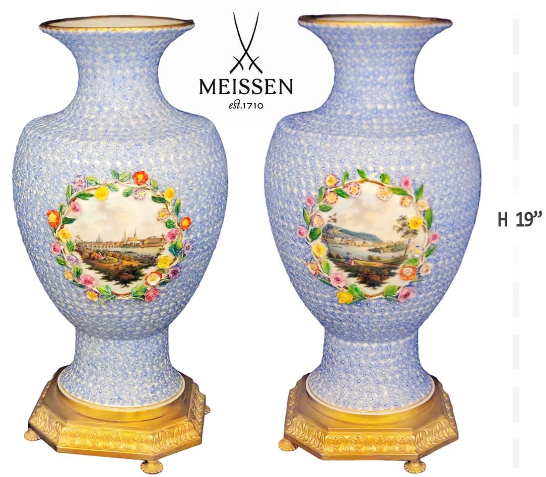 Pair Of Large 19th C. Snowball Meissen Vases: Pair Of Large 19th C. Snowball Meissen Vases. H 19" x W 9"