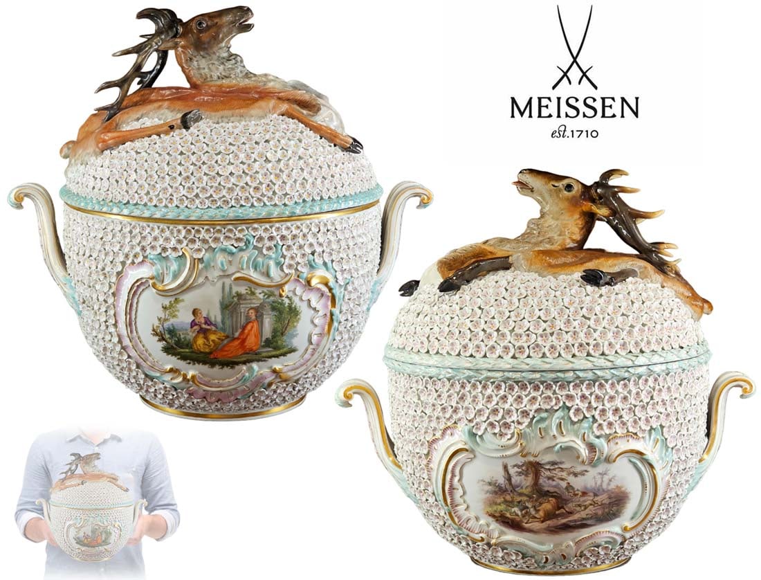 Near Pair 19th C. Of Snowball Meissen Porcelain Punch Bowls: Near Pair 19th C. Of Snowball Meissen Porcelain Punch Bowls. Figural painting measurement: H 15 1/2" x W 12" x L 16" \ Smaller bowl: H 14 1/2" x W 10" x L 15 1/2"