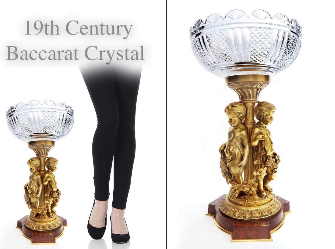 19th C Large Figural Bronze Baccarat Centerpiece: 19th C Large Figural Bronze Baccarat Centerpiece on Rouge Marble Base. Measures H: 19.8" W: 11"