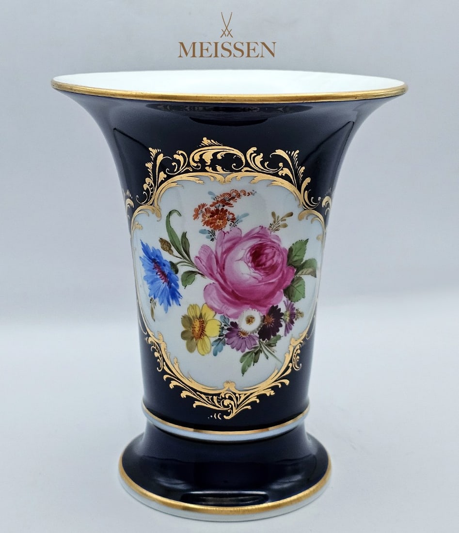 19th C. Meissen Cobalt Blue Hand Painted Floral Vase: 19th C. Meissen Cobalt Blue Hand Painted Floral Vase. 6 1/2" X W 5 1/2"
