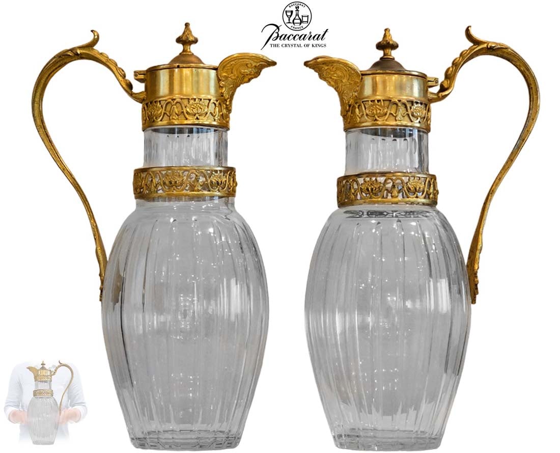 Pair Of 19th C. French Cut Crystal Baccarat Bronze Mounted Claret Jugs (1 of 9)