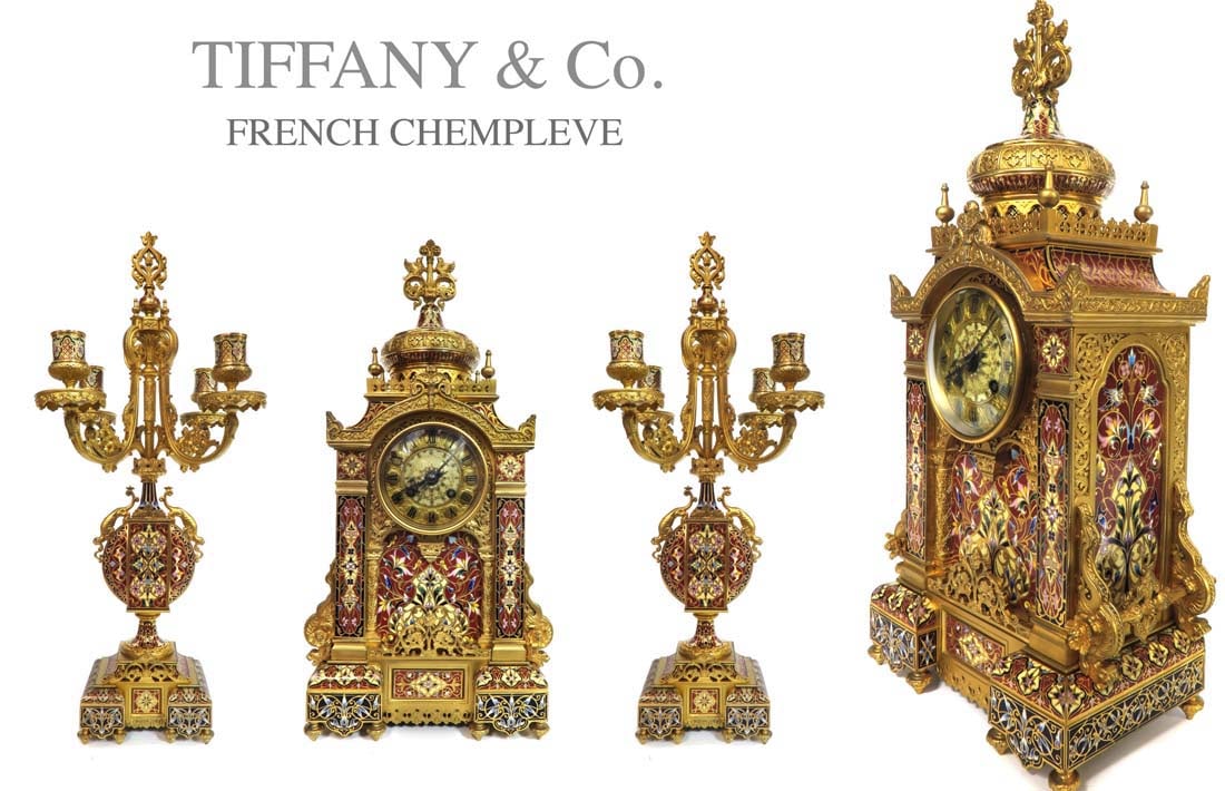 Magnificent Tiffany & Co. Gilt Bronze Champleve Enamel & Gilt Bronze Clockset: Magnificent Tiffany & Co. Gilt Bronze Champleve Enamel & Gilt Bronze Clockset. Retailed by Tiffany & Co., Paris, rectangular case decorated in the Moorish style, with onion domed top and finial, with